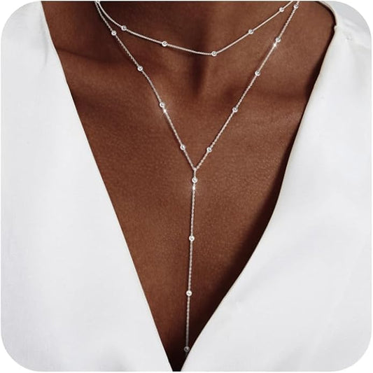 Gold Necklace for Women Trendy Lariat Y Necklace Dainty 14k Gold Plated/Silver Long Necklaces for Women Layered Beaded Drop Necklaces Simple Y-Shaped Chain Jewelry Gifts