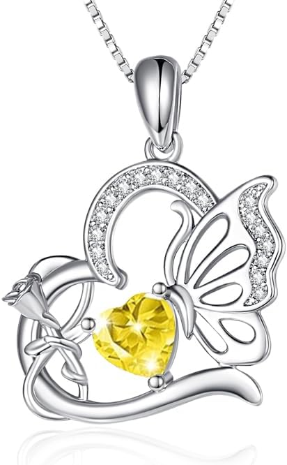 Birthstone Heart butterfly Necklace for Women, Infinity Pendant 14K Gold /18K White Gold Womens Necklaces, Jewelry Anniversary Birthday Christmas Gifts for Her Mom Wife﻿