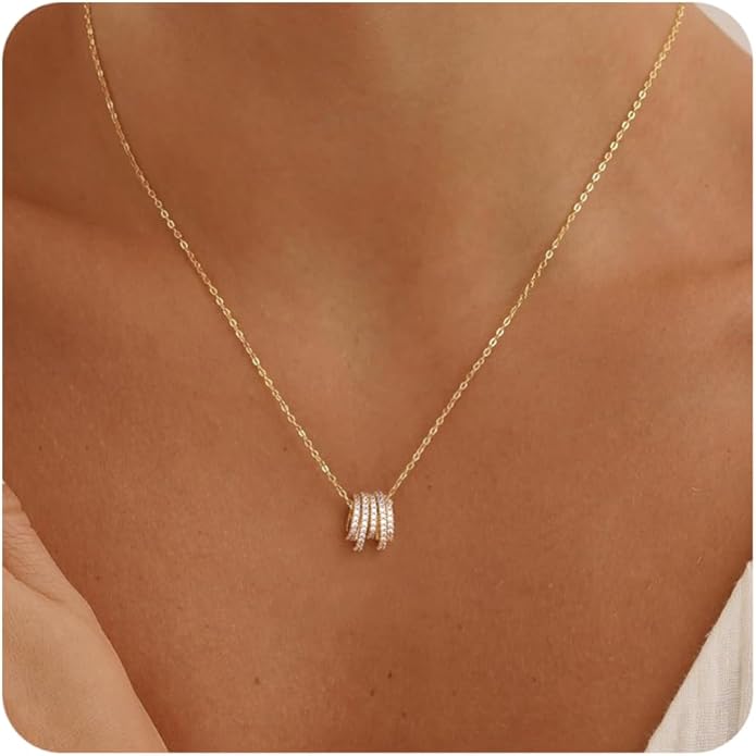 Gold Necklace for Women, Dainty 14K Gold Plated Pendant Necklaces for Women Trendy Simple Choker Chain Cubic Zirconia Circle/Interlocking/Sun Necklace Fashion Jewelry Birthday Christmas Gift