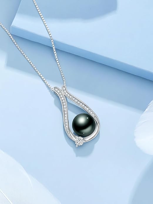 KANNSOAR Tahitian Black Pearl 18K White Gold Plated Sterling Silver Heart/Infinity/Four Leaf Clover Pendant Necklace Jewelry Gifts for Women Wife Mom Girlfriend Wedding Birthday Anniversary Christmas