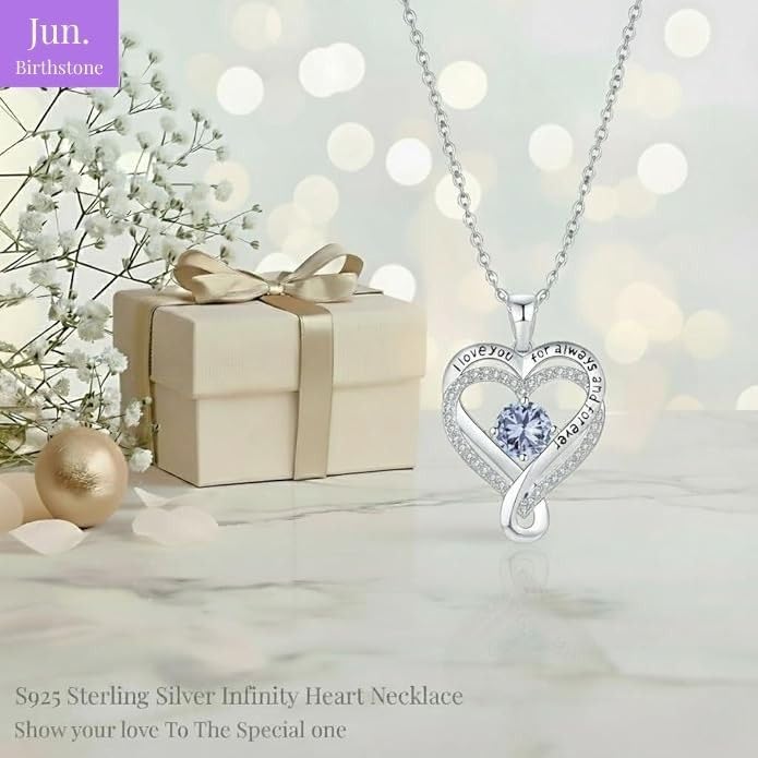 Birthstone Infinity Heart Necklace for Women Wife Girlfriend Mom Daughter Gifts S925 Silver Jewelry For Anniversary Rose Gold Gifts For Birthday Christmas Mothers Valentines Day