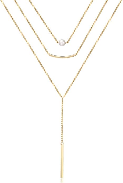 Turandoss Dainty Layered Choker Necklace, Handmade Y Pendant Necklace Multilayer Bar Disc Necklace Adjustable Layering Choker Necklaces for Women