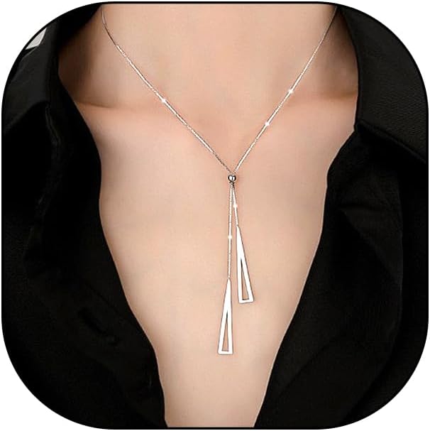 14K Gold Statement Y Necklace for Women,Dainty Double Triangle Pendant Necklace Long Link Chain Lariat Collar Necklace Minimalist Jewelry Gifts