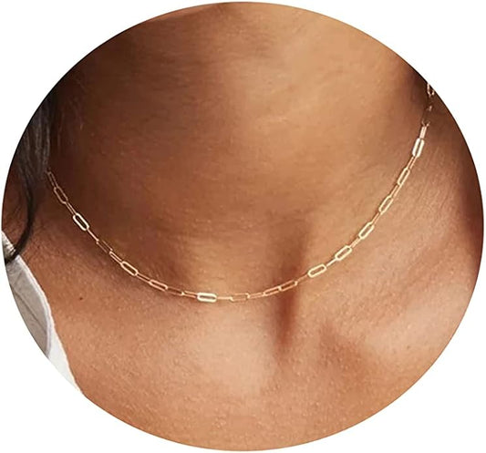 Dainty Chain Necklace for Women, 18K Gold Plated Coin Disc Choker Necklaces Simple Satellite Beaded Twisted Thin Paper Clip Chain Everyday Jewelry Gifts
