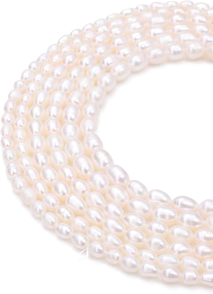 BEADIA Natural Pearl Beads Rice 7-8mm White Freshwater Cultured Loose Gemstone Beads for DIY Jewelry Making 13.8''/Strand