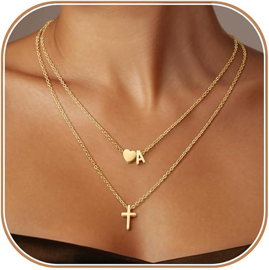 Cross Necklace, Layered Initial Necklaces for Women,Dainty 18K Real Gold Plated Heart Initial Necklace, Personalized Gifts for Women Teen Jewelry