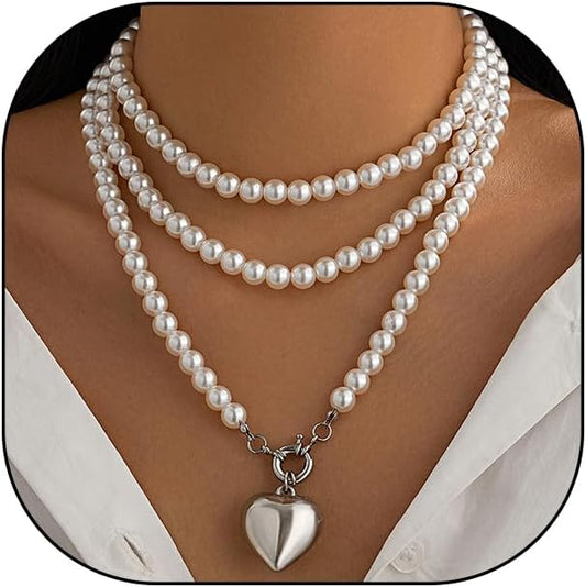 Chunky Gold Heart Necklaces for Women Long Pearl Heart Pendant Necklace Layered Puffy Love Pearl Choker Necklace Trendy Y2k Jewelry Accessory Gifts