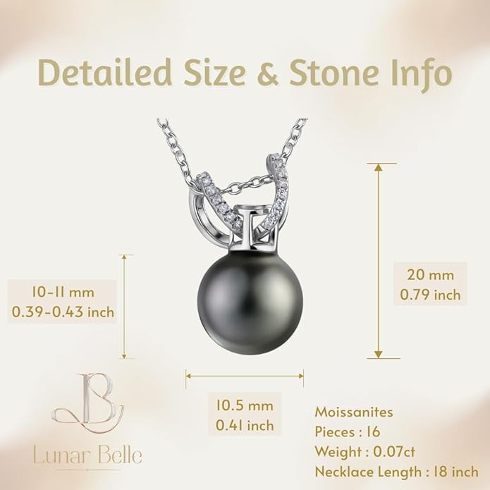 Lunar Belle Pendant Necklace for Women with Tahitian Black Pearl Moissanite Jewelry in 925 Silver, Birthday Gift Ideas for Women Anniversary (Midnight Pearl Shine)