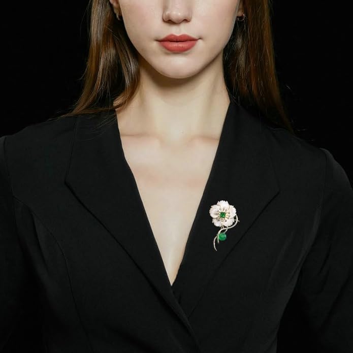 14K Gold Natural Freshwater Pearl Flower Moissanite Brooch, Minimalist Camellia Corsage with Turquoise/Agate, Unique Pin for Suit Accessory, An Elegant Gift