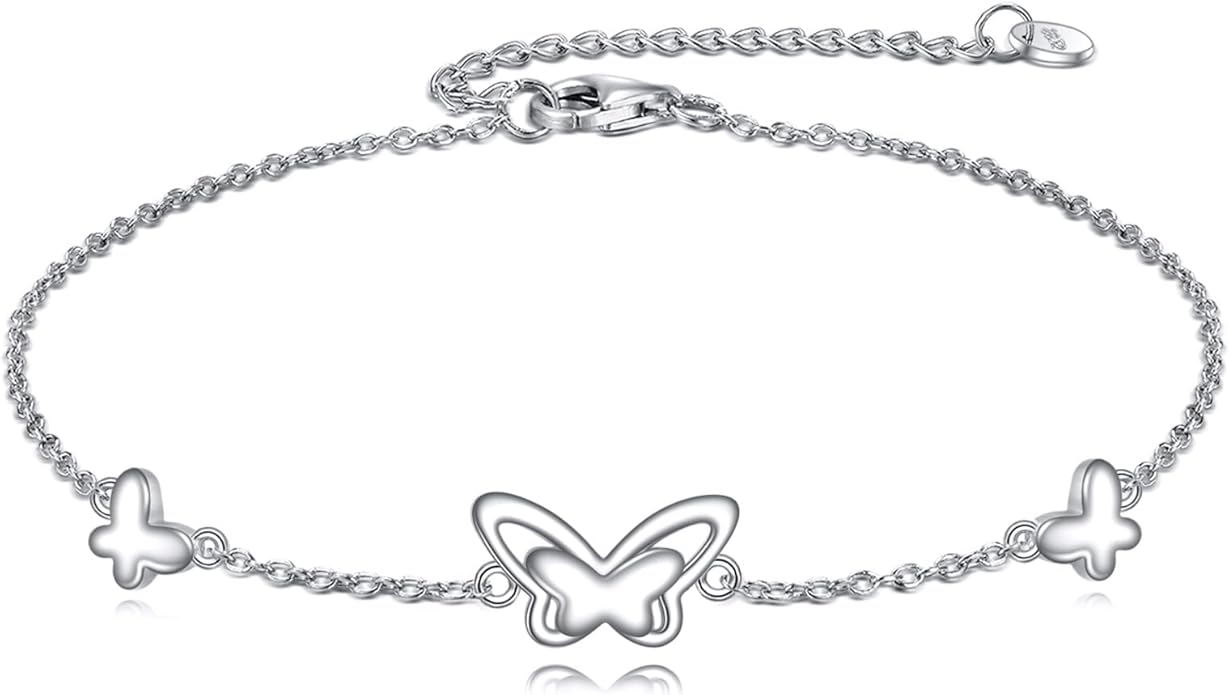 AOBOCO Sterling Silver Anklet for Women Crystal Butterfly Dragonfly Evil Eye Ankle Bracelet