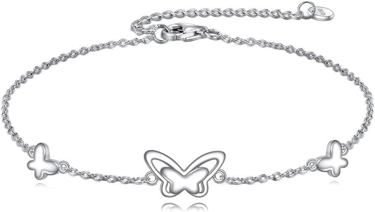 AOBOCO Sterling Silver Anklet for Women Crystal Butterfly Dragonfly Evil Eye Ankle Bracelet