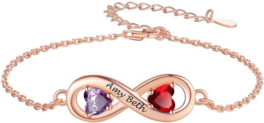 Custom4U Personalized Infinity Love Symbol Link Bracelets for Women 925 Sterling Silver Birthstone Bracelet Adjustable Engraved Chain Christmas Mother's Day Birthday Jewelry Gifts for Mom Her