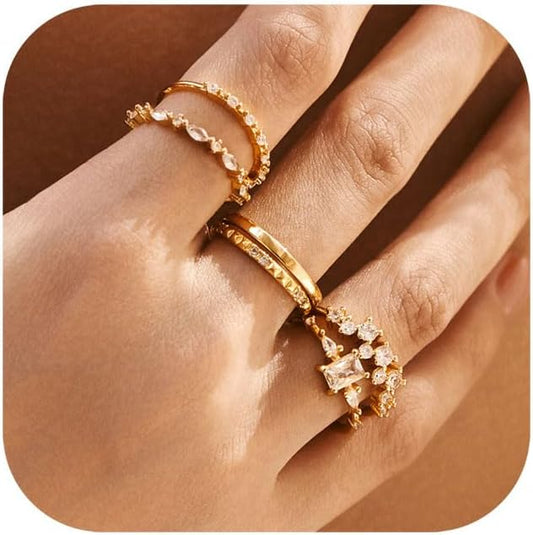 LOFITOR 6PCS Stackable Gold Rings for Women Non Tarnish Trendy Dainty 14K Gold Filled Stacking Cubic Zirconia Thumb Ring Set Pack Statement Chunky Band Rings Promise Engagement Rings Size 6-10