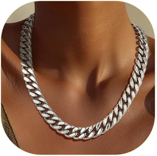 ChainsPro Chunky Cuban Link Chain Necklace for Women,Stainless Steel Silver/Gold Plated Thick Choker, 5/12/14mm Width,18" and 20" Punk Hip Hop Trendy Jewelry Gifts
