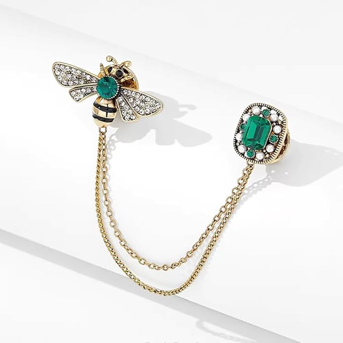 Crystal Insect Bee Brooch Pin Vintage Long Tassel Bee Chain Lapel Pin Rhinestone Bee Corsage Suit Jacket Brooch Pin Jewelry for Women Men Gifts
