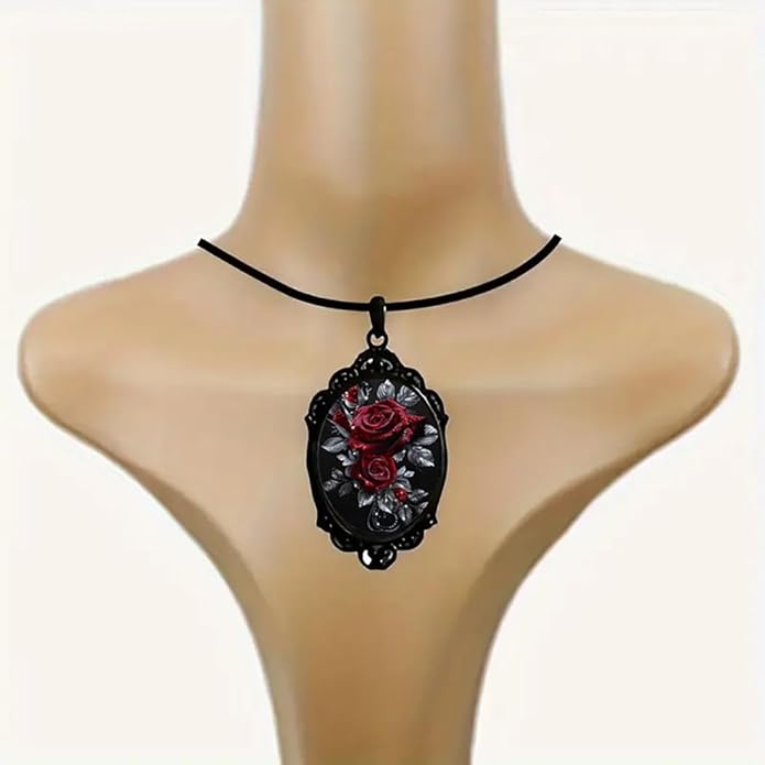 Gothic Rose Glass Necklace for Women Vintage Satan Demon Pendant Halloween Roses Necklaces Dark Punk Style Necklace Victoria Emboss Necklaces Mystic Witch Jewelry Gift Accessories