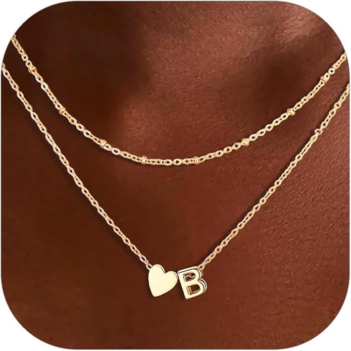 FOCALOOK Layered Initial Necklace for Women, 14K Gold Plated Choker Necklaces Stacks with Initial A-Z, Dainty Silver Heart Pendant Necklace Personalized Birthday Women Jewelry