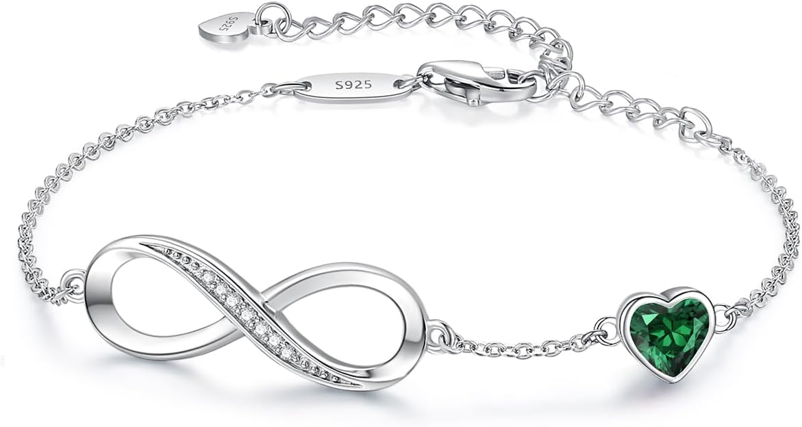CDE Infinity Heart Birthstone Charm Link Bracelet for Women 925 Sterling Silver Adjustable Mother's Day Gift Anniversary Birthday Jewelry for Wife Girlfriend Her