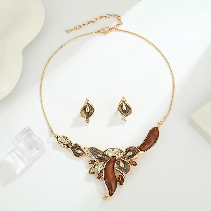 Chunky Statement Jewelry Set Vintage Retro Leaf Flower Floral Geometric Bohemian Boho Bib Necklace Earring Set Fashion Costume Jewelry for Women Girls Wedding Party Prom Unique Gift