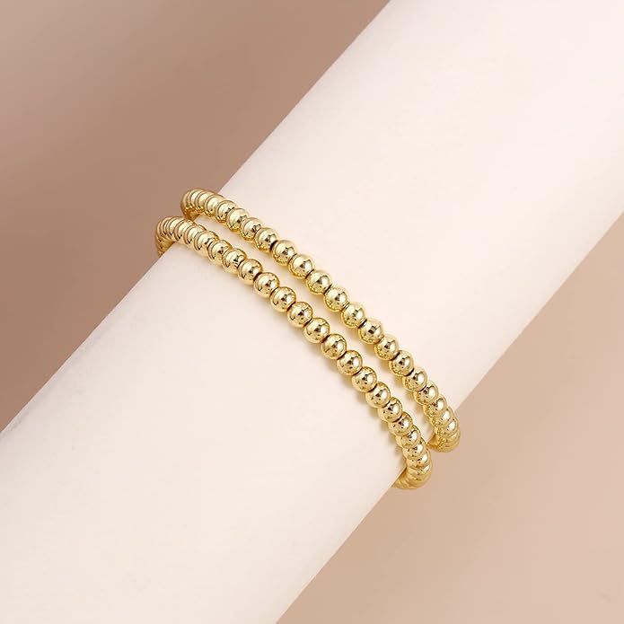 Elegance 11 designs 14K Gold Plated Bead Ball Bracelet Stretchable Elastic Gold Beaded Bracelets for Women