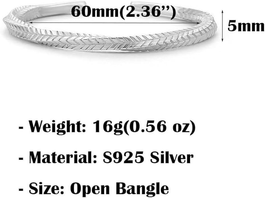 Kim Carrey S925 Sterling Silver Bracelet, Open Bangle Cuff Design, Men's Stacked Bracelets Gift Jewelry for My Man