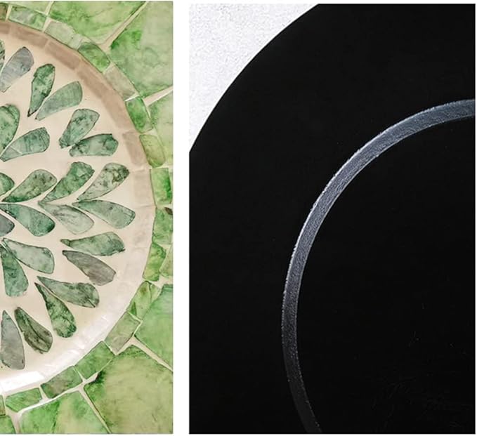 i-lan 2Pack 13" Mother of Pearl Decorative Charger Plates Display,Sea Shell Inlay Wood Charger Plates for Dining, Party,Diner Table Modern Decorative Placemats for Home Decor,Blue-green Leaf