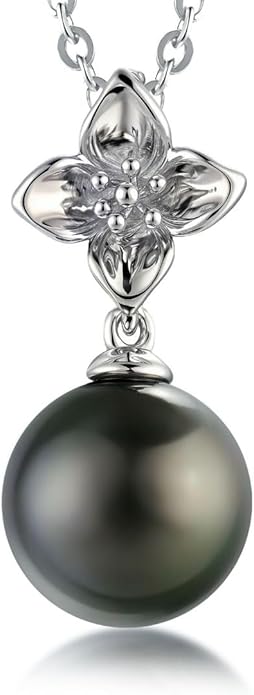 Lunar Belle Tahitian Black Jewelry Pearl Pendant Necklace in Sterling Silver, Luxury Wedding Christmas Gift for Women Mother Wife (Marine Fleur)