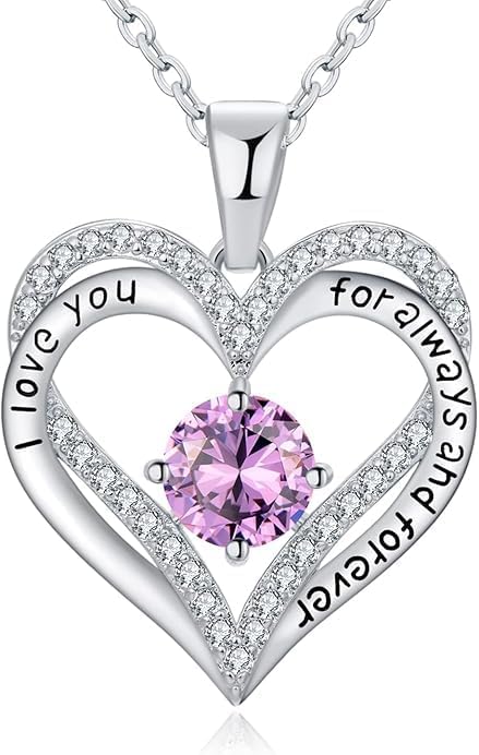 Birthstone Heart Necklace for Women Wife Girlfriend Mom Daughter Gifts S925 Silver Jewelry For Anniversary Rose Gold Gifts For Birthday Christmas Mothers Valentines Day