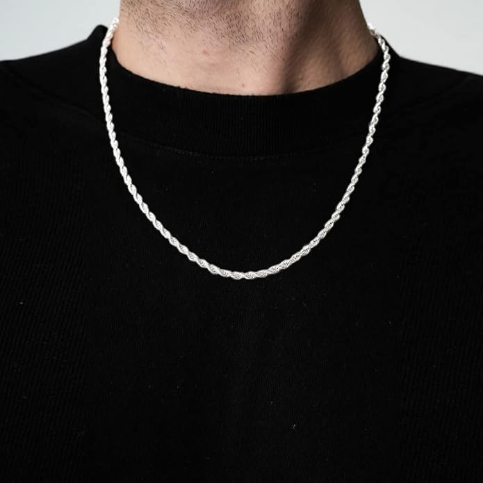 BRIJEWNES 925 Sterling Silver Clasp 2/2.5/3/4/5mm Silver Chain for Men Mens Necklace Rope Chain Necklace Diamond Cut Silver Mens Chain Necklace 16 18 20 22 24 26 28 30 Inches