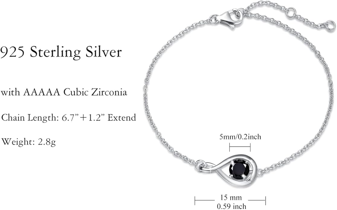 FANCIME Love Bracelet 925 Sterling Silver Infinity Birthstone Bracelets for Women Fine Jewelry Birthday Christmas Gifts for Her Mom Wife, Chain Length 6.7"+1.2" Extend