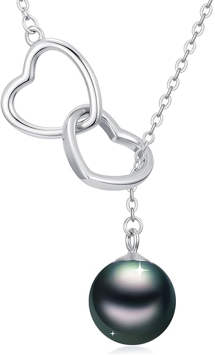 Tahitian Black Pearl AAAA 18K White Gold Plated Sterling Silver Double Heart Pendant Y Necklace for Women Wife Mom Girlfriend Valentine Her Jewelry Gift for Anniversary Birthday