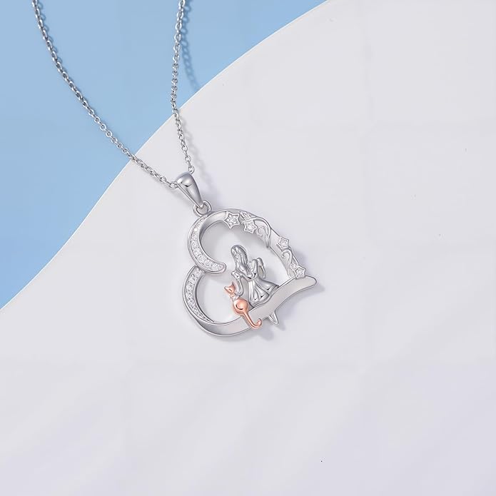 Cat Gifts for Women 925 Sterling Silver Heart Moon Cat Necklace Pendant Women Jewelry Halloween Christmas Gifts