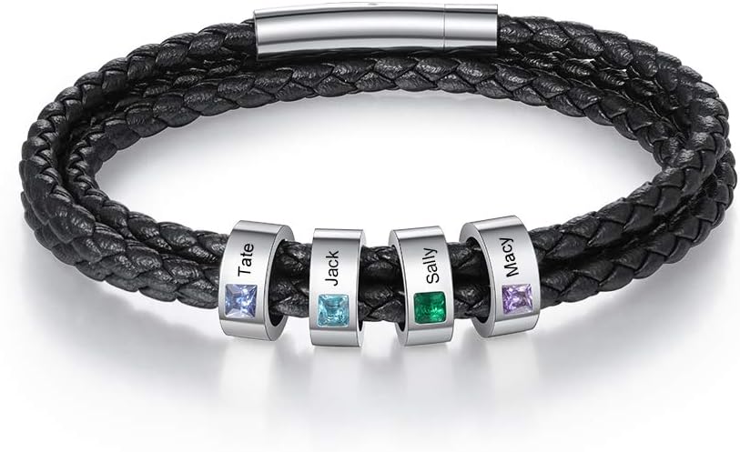 kaululu Custom Leather Bracelet for Men with 1/2/3/4/5/6/7/8 Birthstones Engraved Stainless Steel Beads Personalized Names Bracelet for Father's Day Christmas Thanksgiving Gift for Men