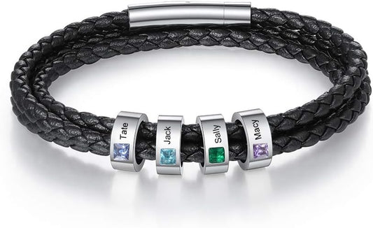 kaululu Custom Leather Bracelet for Men with 1/2/3/4/5/6/7/8 Birthstones Engraved Stainless Steel Beads Personalized Names Bracelet for Father's Day Christmas Thanksgiving Gift for Men