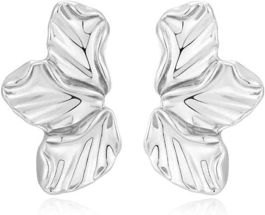 Chunky Gold Statement Earrings For Women Gold Plated Sectored Flower Leaf Shell Angel Wing Earrings Large Stud Earrings Hypoallergenic Earrings