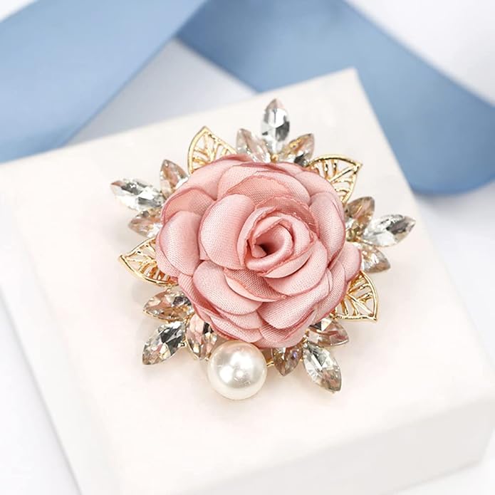 Elegant Rose Flower Brooch Pin for Women Men Wedding Party Gentleman's Essentials Handmade Imitation Crystal Pearl Fabric Flower Lapel Pin Dress Suit Accessories Boutonniere Ideas Gift