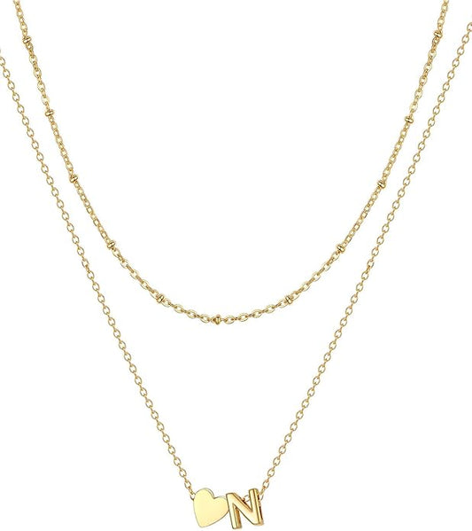 FOCALOOK Layered Initial Necklace for Women, 14K Gold Plated Choker Necklaces Stacks with Initial A-Z, Dainty Silver Heart Pendant Necklace Personalized Birthday Women Jewelry