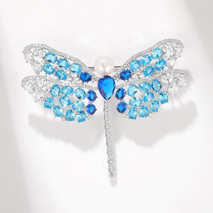 14K Gold Exquisite Dragonfly Brooch Adorned with Colorful Gemstones and Lustrous Pearls, Chic Brooch Accent for Special Events, Ideal for Stylish Women