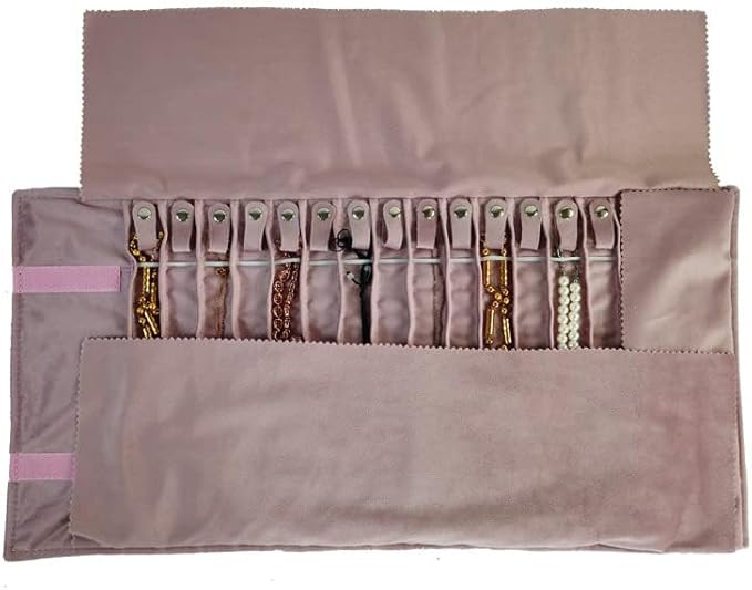 SCIKHEFT Portable Jewelry Roll Untangled Secure Necklace Travel Storage Bag Displays Holder 16 Chain (Embroidery Pink Velvet)