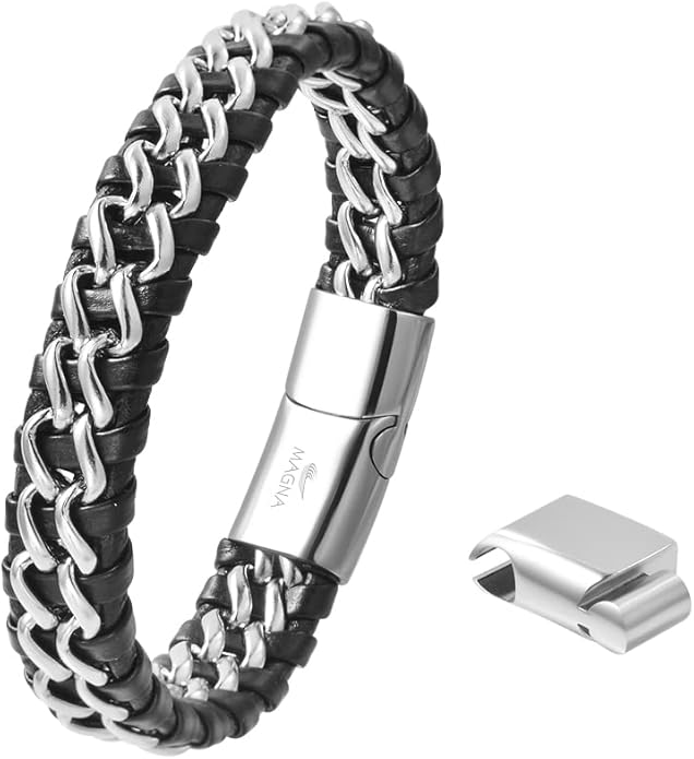 Men's Braided Genuine Leather Link Steel Chain Bracelet