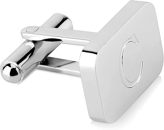 18K White-Gold Plated Initial Engraved Stainless Steel Men’s Cufflinks With Gift Box -Personalized Alphabet Letter’s A-Z By Lux & Pair