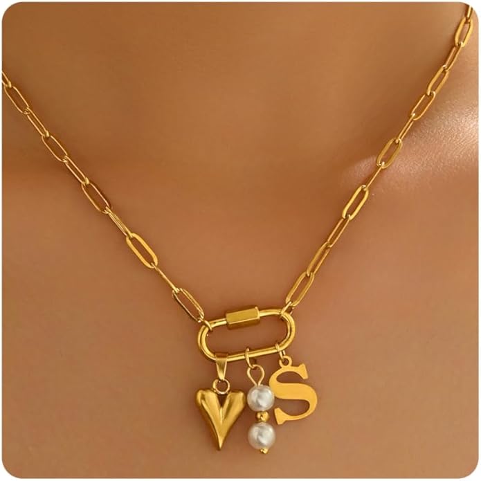 Gold Heart Initial Necklaces for Women 18K Gold Plated Dainty Pearl Letter Necklace Personalized Monogram Name A-Z Pendant Everyday Jewelry for Women