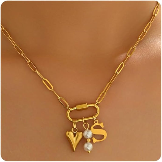 Gold Heart Initial Necklaces for Women 18K Gold Plated Dainty Pearl Letter Necklace Personalized Monogram Name A-Z Pendant Everyday Jewelry for Women
