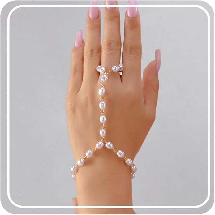 BELLA-Bee Gold Hand Chain Bracelet for Women Dainty Adjustable Gold Ring Bracelet Hand Chain Trendy Pearl Finger Bracelet Cubic Zirconia Hand Jewelry Fashion Body Chain Accessories
