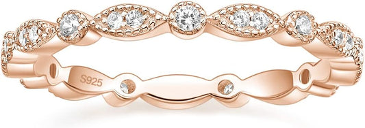 EAMTI 925 Sterling Silver Wedding Band for Women Cubic Zirconia Marquise & Round Milgrain Full Eternity Stackable Ring Size 3-13
