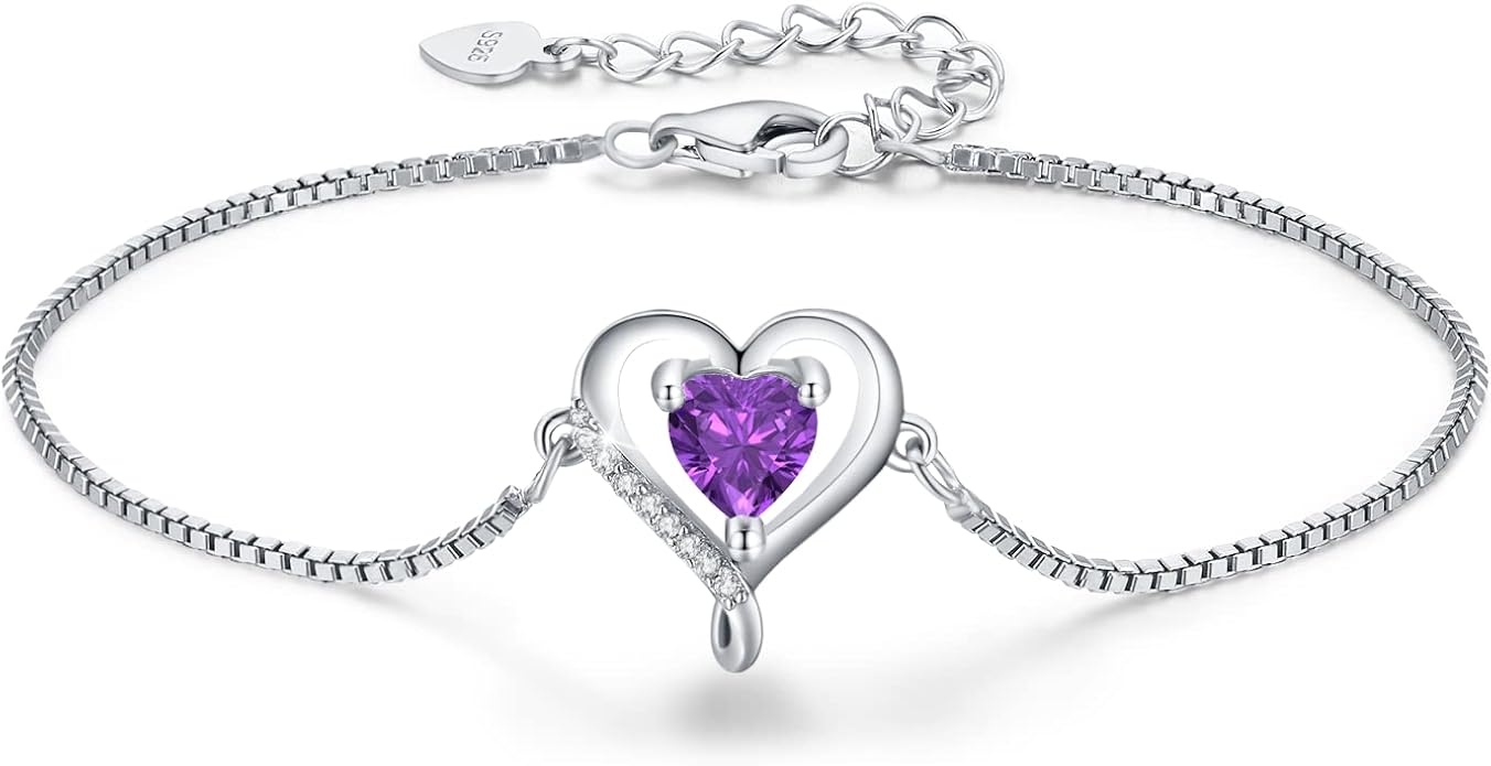 LAVUMO Love Heart Bracelets for Women 925 Silver Charm Birthstone Bracelet Adjustable Anniversary Birthday Jewelry Gifts for Women Girlfriend Wife Daughter Mom Her