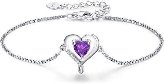 LAVUMO Love Heart Bracelets for Women 925 Silver Charm Birthstone Bracelet Adjustable Anniversary Birthday Jewelry Gifts for Women Girlfriend Wife Daughter Mom Her