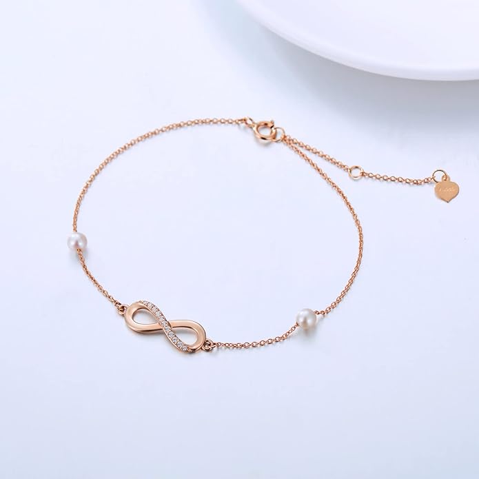 14k Gold Natural Diamond Infinity Anklets for Women, Real Gold Pearl Jewelry Ankle Bracelet Gifts for Her, 9.4-11 Inch
