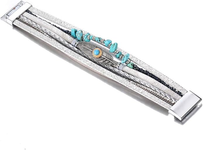 Fesciory Leopard Bracelet for Women, Boho Leather Wrap Multi-Layer Pearl Crystal Bracelet Bangle Jewelry