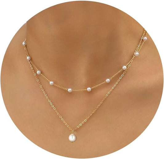 Gold Pearl Necklace for Women, 14K Gold Plated Layered Pearl Necklaces for Women Trendy Simple Herringbone Chain Pearl Necklace for Women Gold Jewelry Gifts